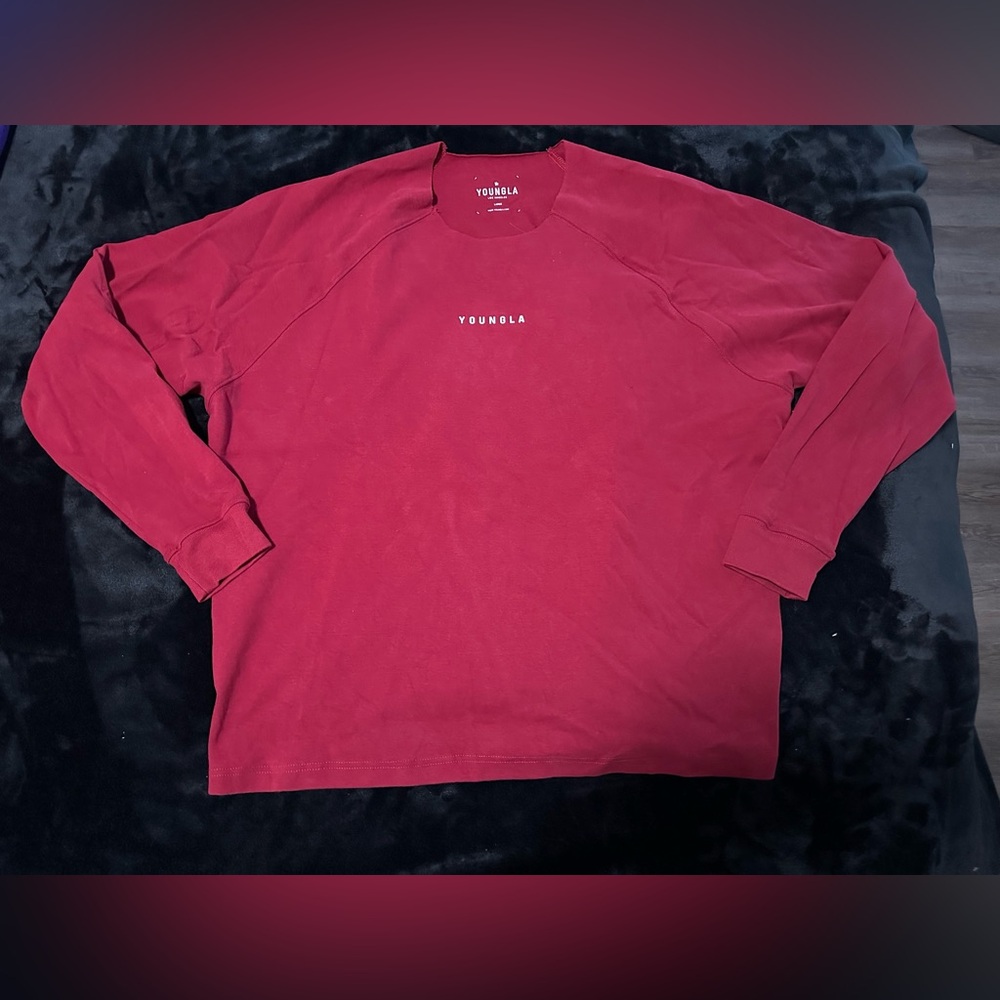 Mens YoungLA 815 Raw Neck Cloud Long Sleeve T-Shirt - Dark Red Size Large